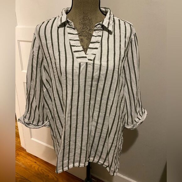 Per Se White and Green Striped Collared V Neck Rolled Sleeve Shift Shirt - Picture 1 of 9